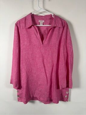 St. Tropez Pink Tunic Top Swim Cover 100% Linen MED Shell Buttons Beach Resort